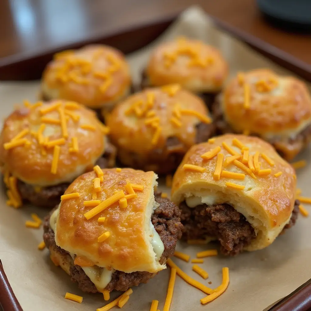 A close-up photo of several golden-brown baked sliders on parchment paper, each topped with shredded orange cheese and…