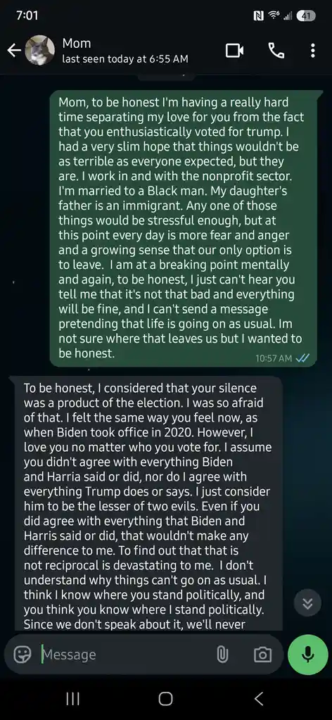 A screenshot of a text message conversation between a child and their mother, where the child expresses deep distress over…