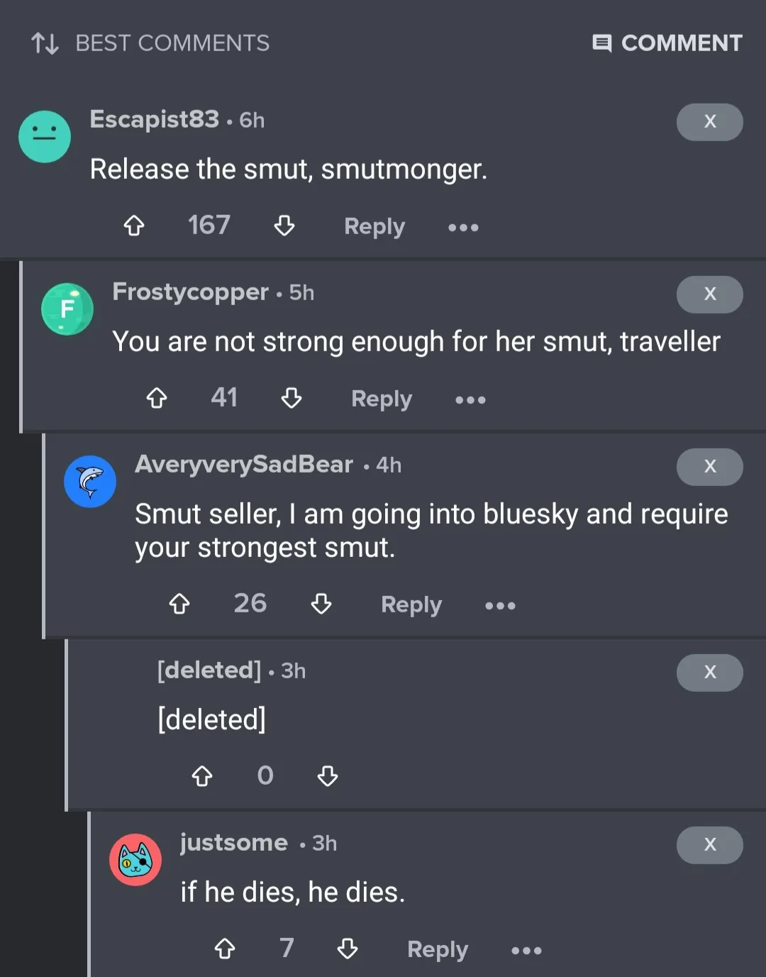 A screenshot of a dark-themed comment section shows users jokingly demanding 'smut' from a seller, escalating to threats of…