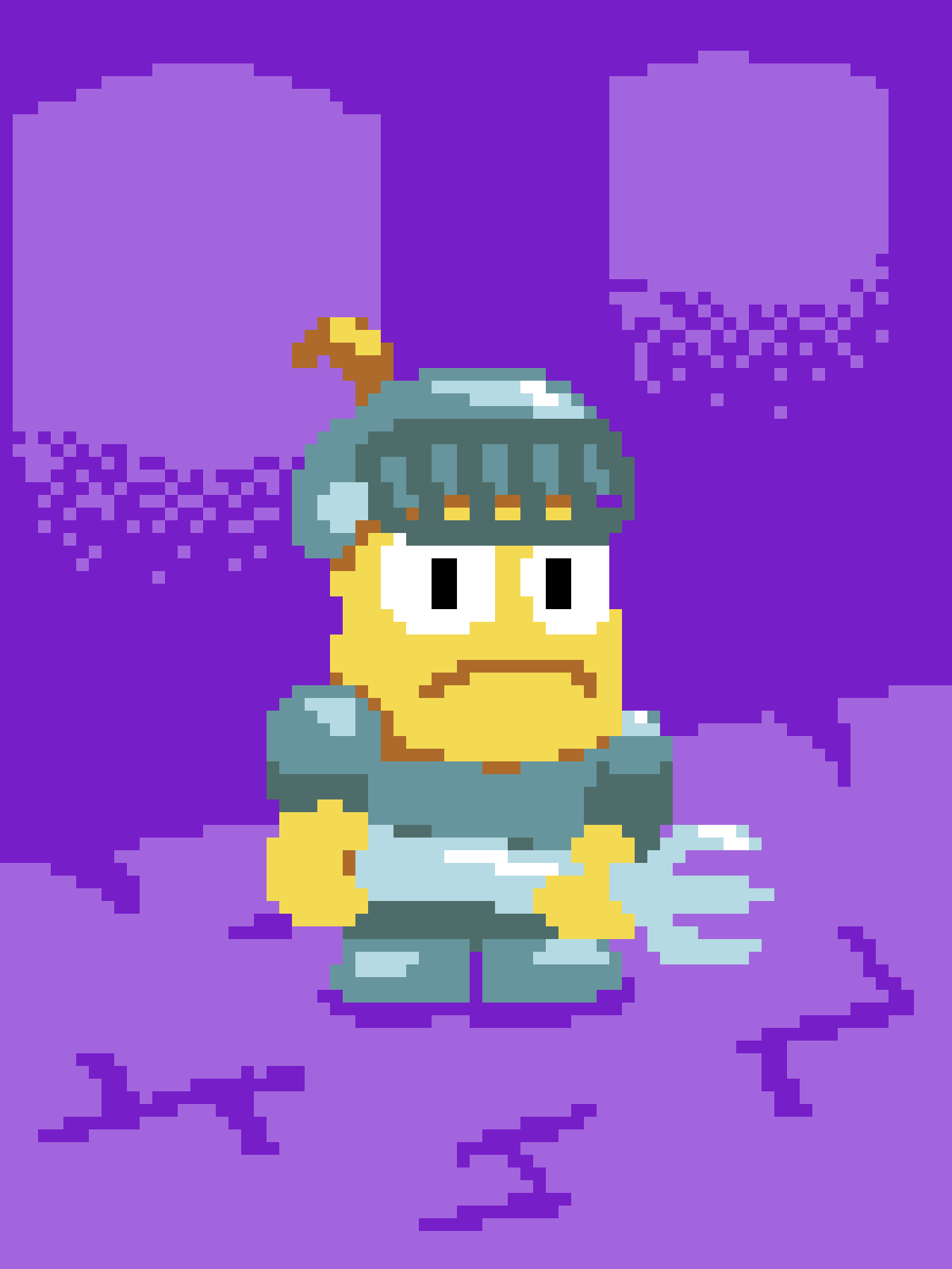 A pixelated, yellow-skinned character resembling a Viking or warrior with a helmet and angry expression, surrounded by…