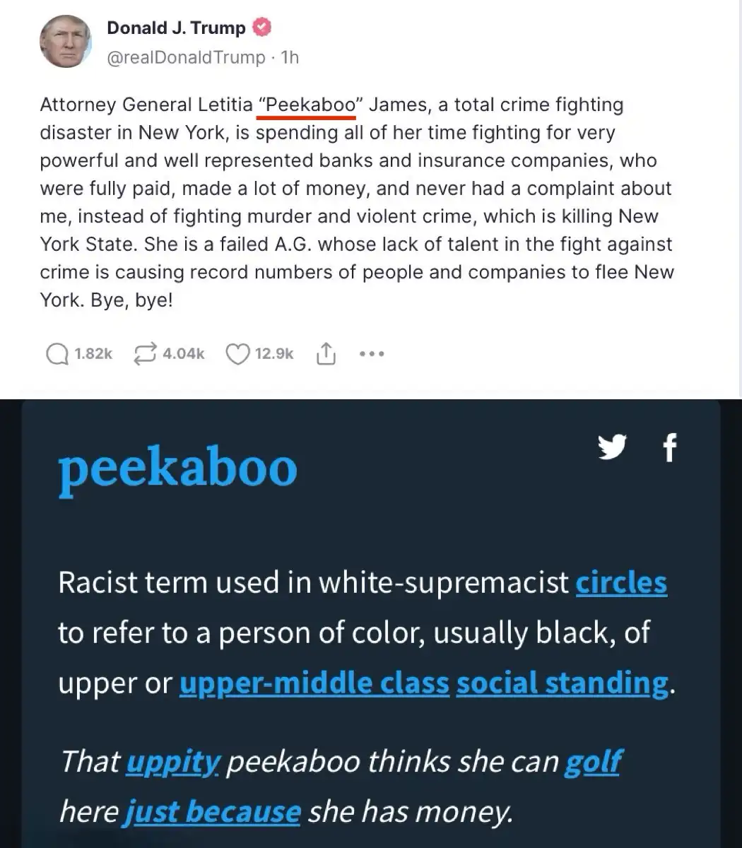 The image displays a screenshot of a tweet from Donald J. Trump criticizing Attorney General Letitia James, with the…