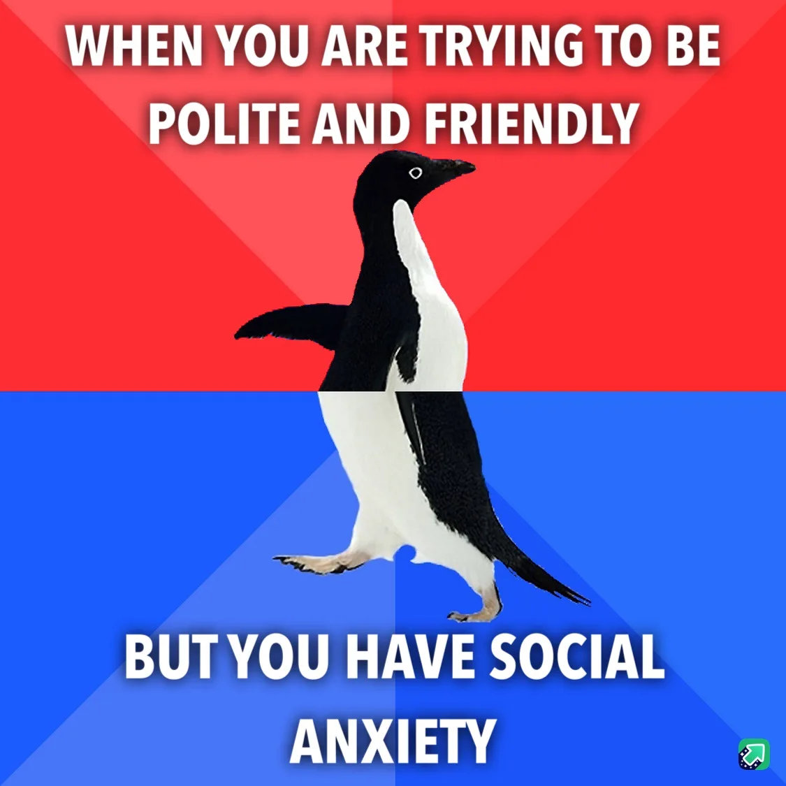 A black-and-white penguin stands centered against a red-and-blue background, with white text overlaid. The top text reads…