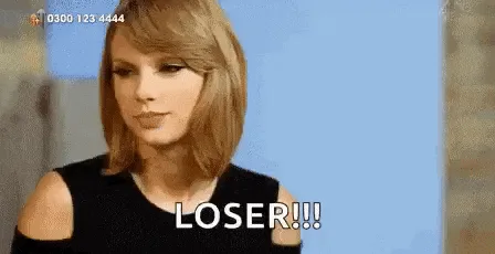 A six-panel image sequence shows Taylor Swift in a black top against a blue background, progressively making a 'loser' hand…