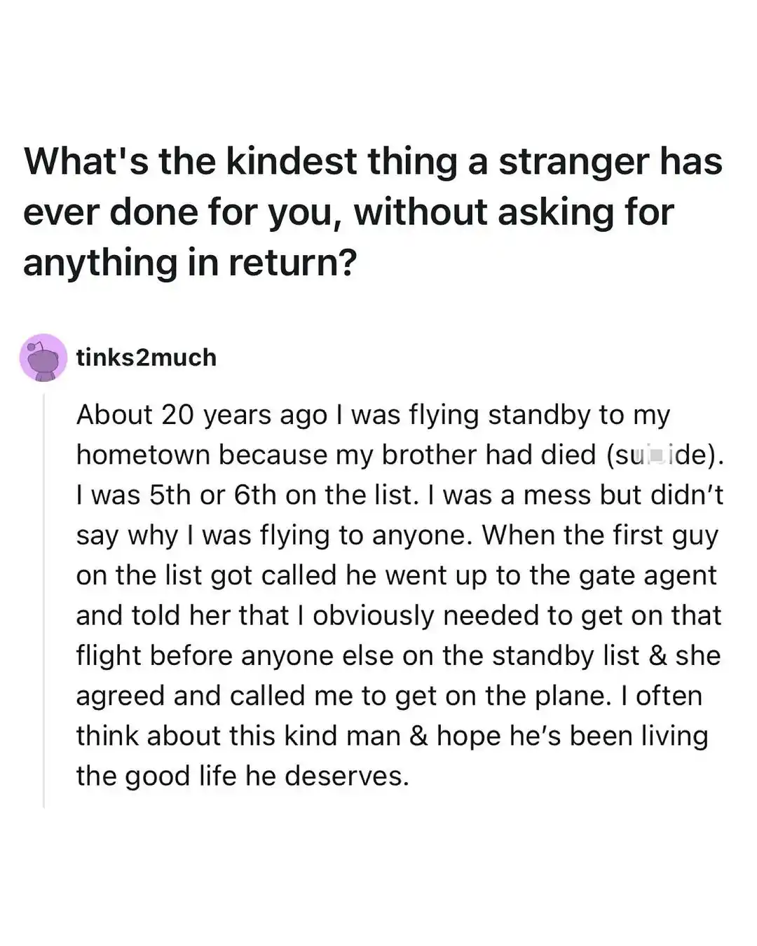 A screenshot of a Reddit post where user 'tinks2much' recounts a deeply personal story about a stranger's kindness. The post…