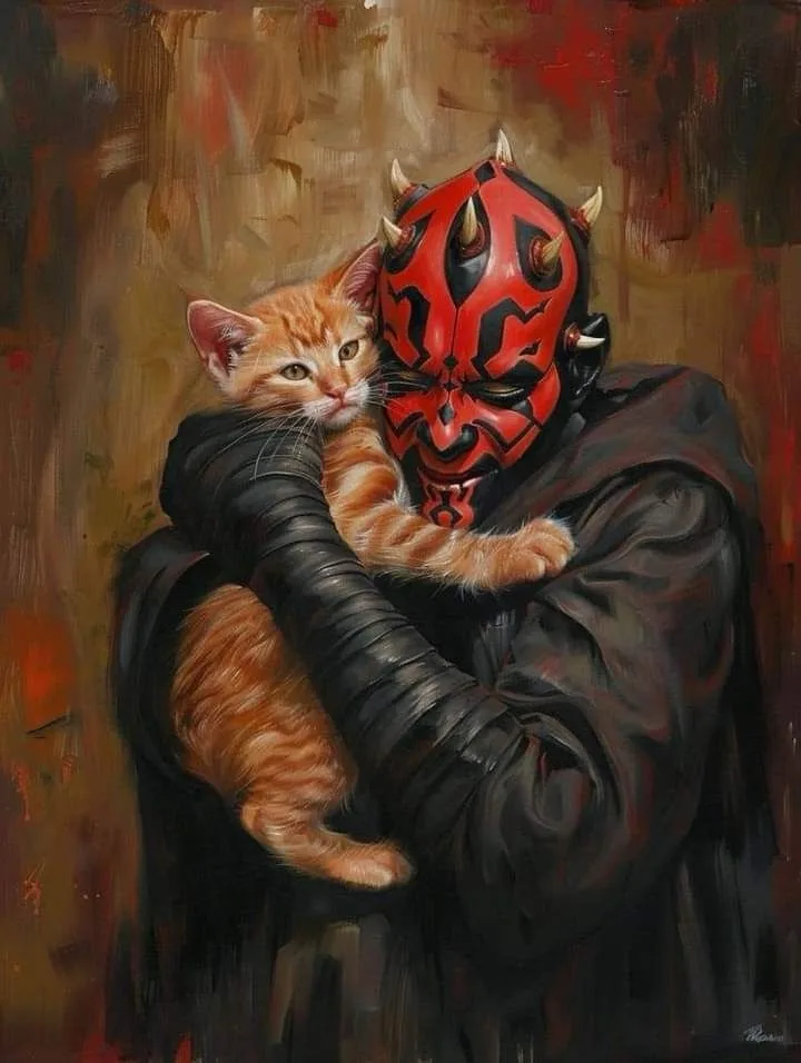 A painting depicts Darth Maul, the Star Wars villain with his red and black mask and horns, gently holding a small orange…
