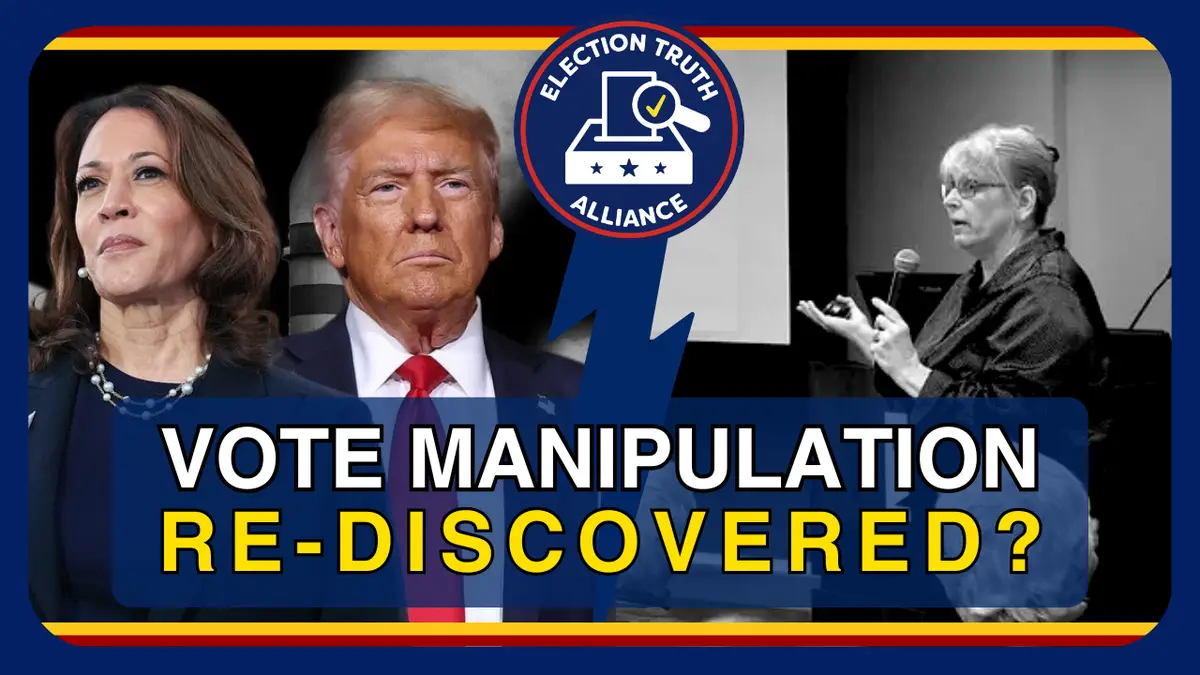 The image displays a composite of three figures: Kamala Harris and Donald Trump on the left, and a woman speaking into a…