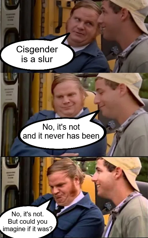 Three-panel meme featuring two men in a yellow school bus. In the first panel, the man in the blue jacket says 'Cisgender is…