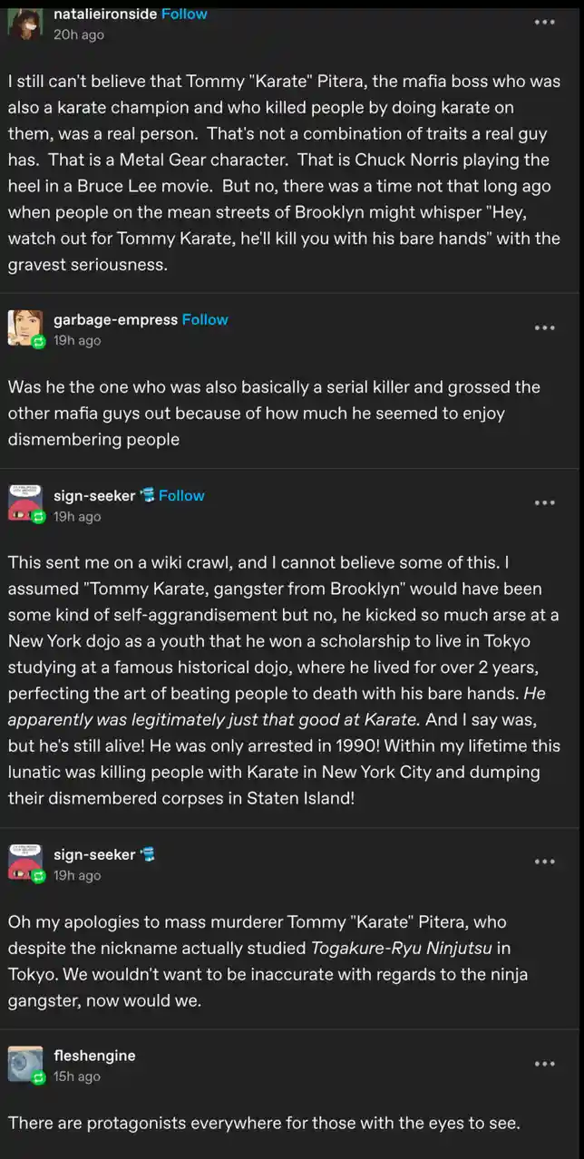 A screenshot of a social media thread where users discuss Tommy 'Karate' Pitera, a real-life Brooklyn gangster who was also…