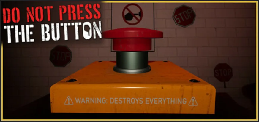 A large, red, industrial button sits on an orange base against a brick wall, surrounded by multiple stop signs and a 'no…