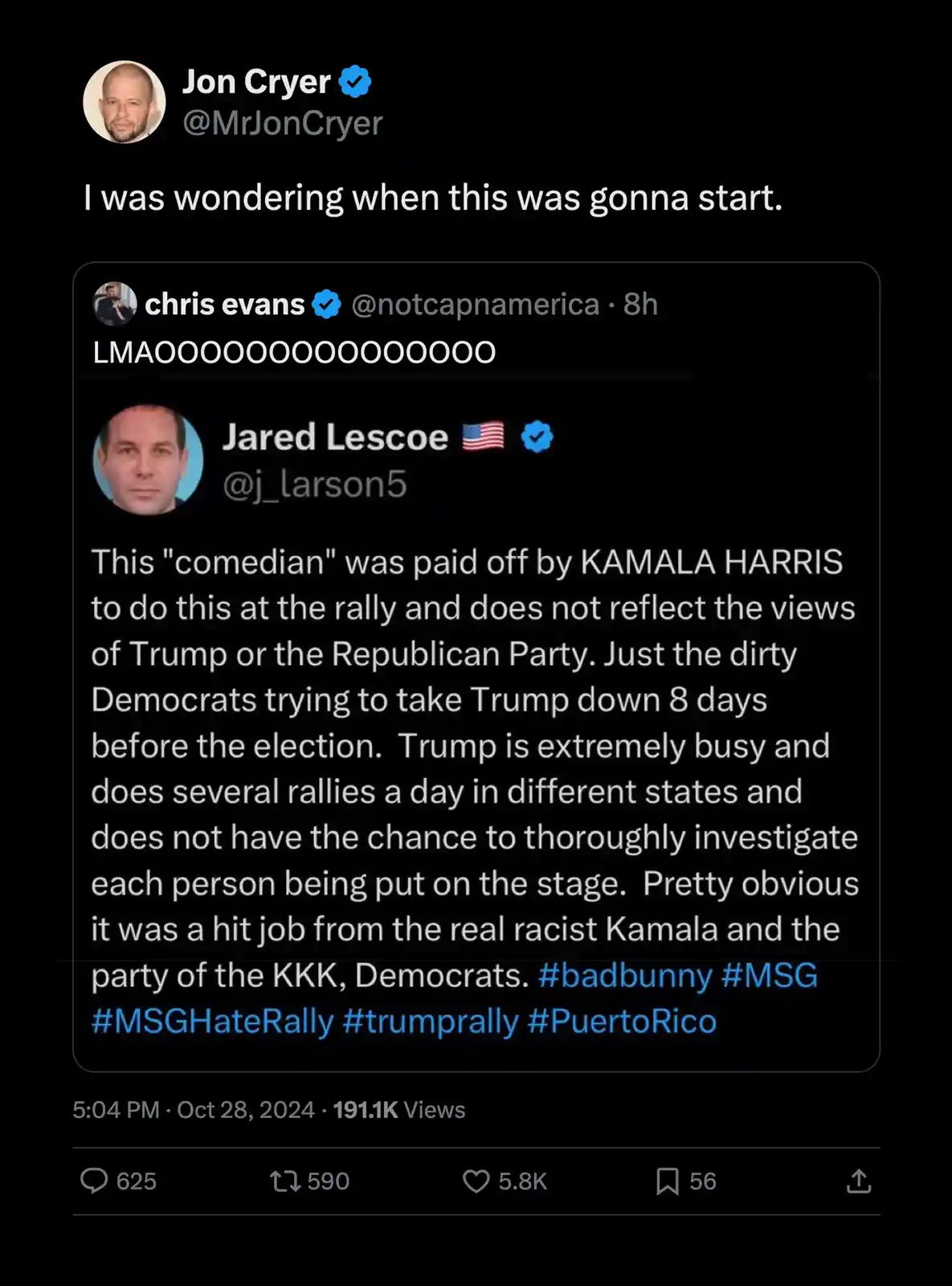 A screenshot of a Twitter thread shows Jon Cryer replying to a tweet from Chris Evans, who reacted with 'LMAOOOOOOOOOOOOO'…