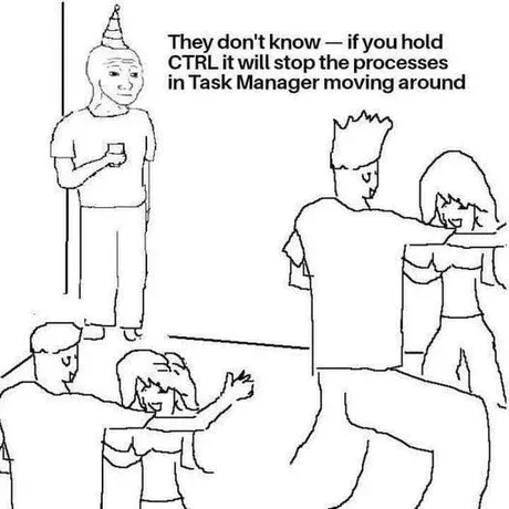 A black-and-white line drawing shows a man in a party hat standing and speaking to a group of people who are dancing or…