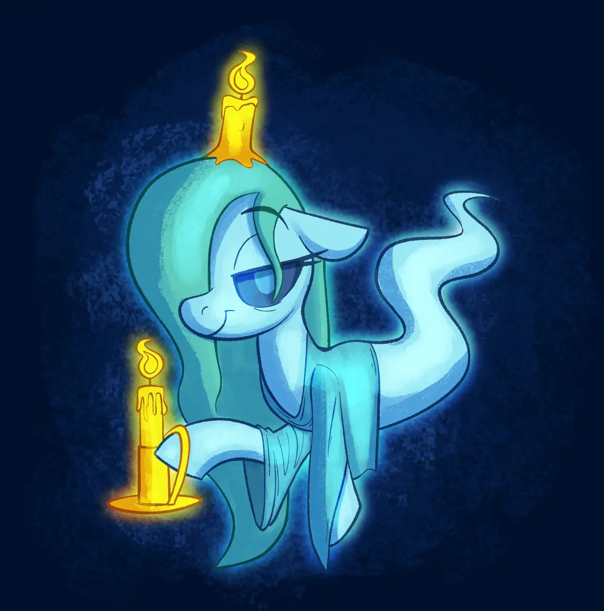 A blue cartoon pony with glowing eyes and a smoky, translucent body sits in a dark blue background, holding a lit candle in…