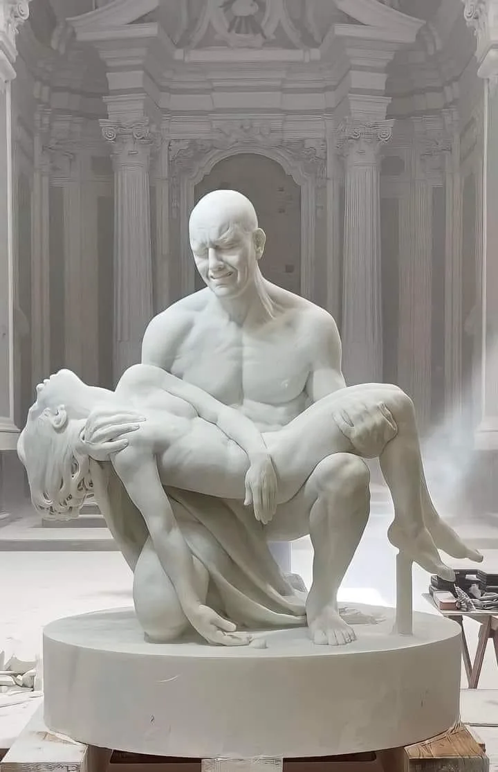A marble sculpture depicts a muscular man holding a limp, nude woman in a sorrowful pose, set in a grand, ornate hall. The…