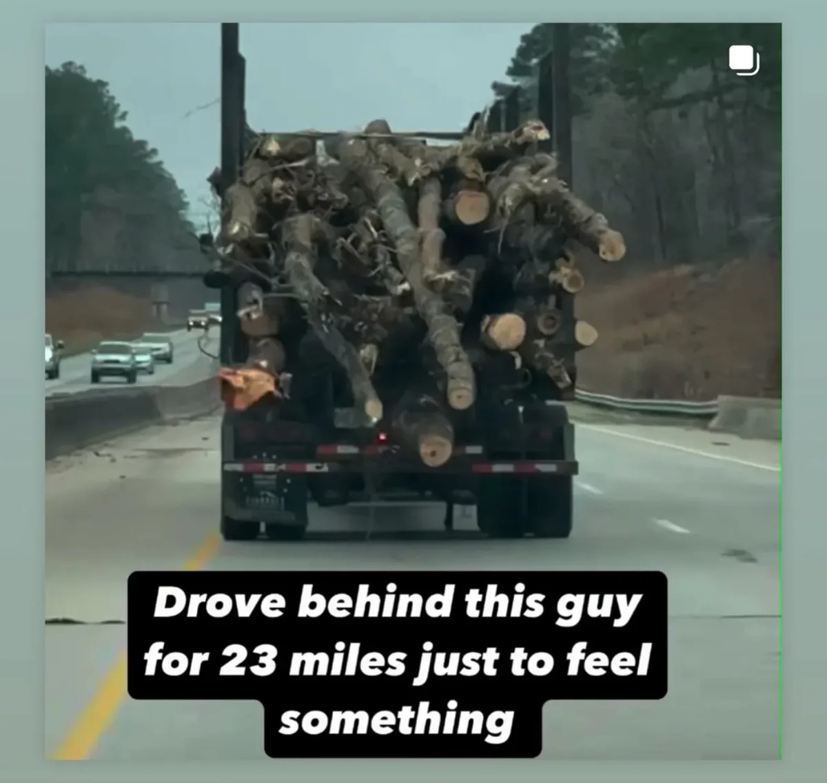 A rear view of a logging truck heavily loaded with unsecured logs driving on a highway, with other cars visible ahead. A…