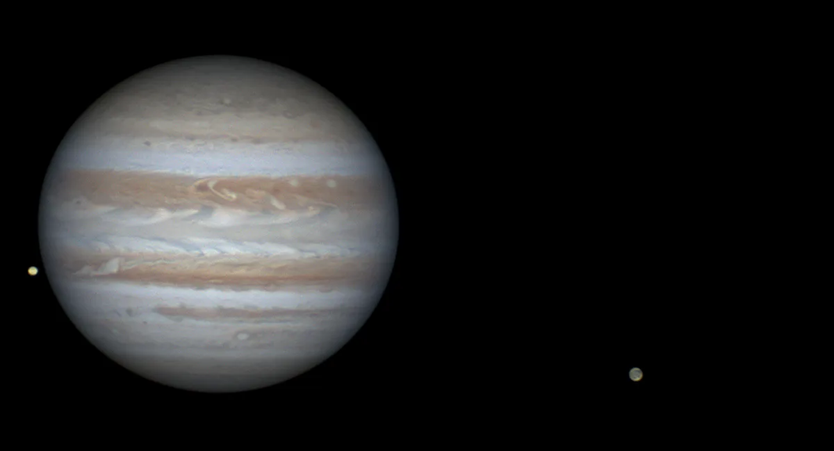 The image displays six panels showing Jupiter with its moons. In the top row, a small moon (Io) appears as a tiny dot near…