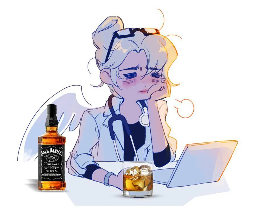 An anime-style illustration shows a tired-looking person with light-colored hair in a messy bun, wearing a white lab coat…