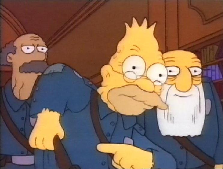 Three Simpsons characters in blue uniforms, one in the center with wide eyes and a finger pointing forward, looking…