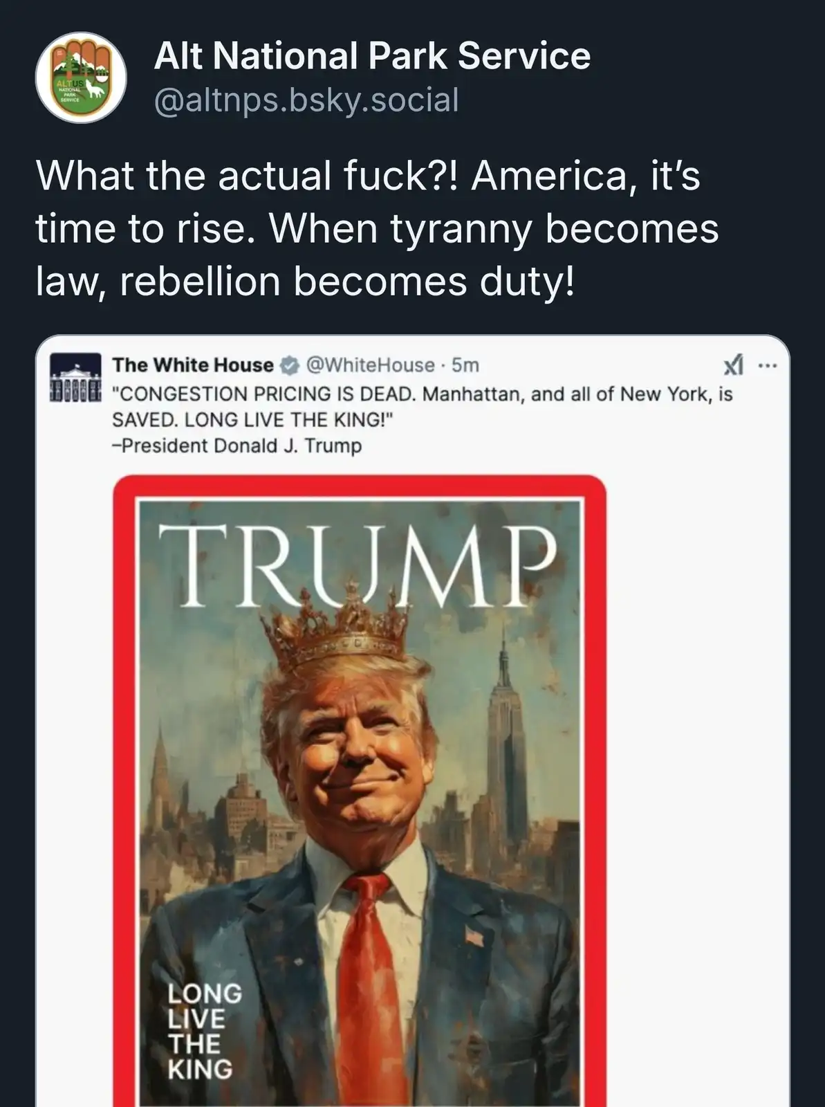 An image shows a tweet from 'The White House' attributing a quote to President Donald J. Trump: 'CONGESTION PRICING IS DEAD…