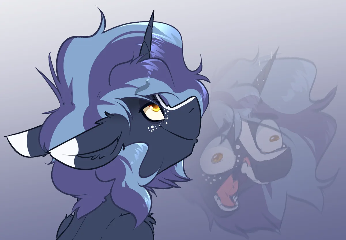 A stylized blue-furred anthropomorphic wolf with a black muzzle and a single horn, wearing a black mask that covers its nose…