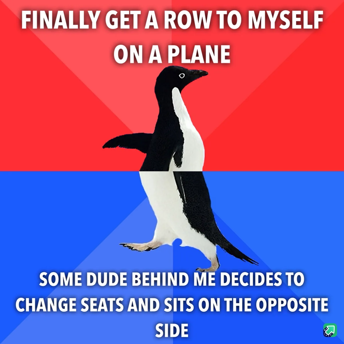 A penguin stands against a red and blue background, with white text at the top reading 'FINALLY GET A ROW TO MYSELF ON A…