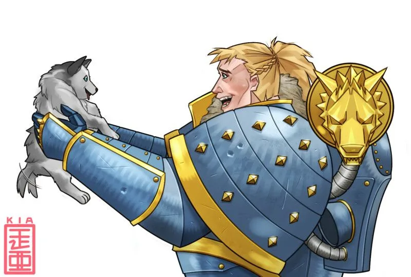 A cartoon illustration shows a blonde-haired man in blue and gold medieval-style armor, holding a small gray and white…