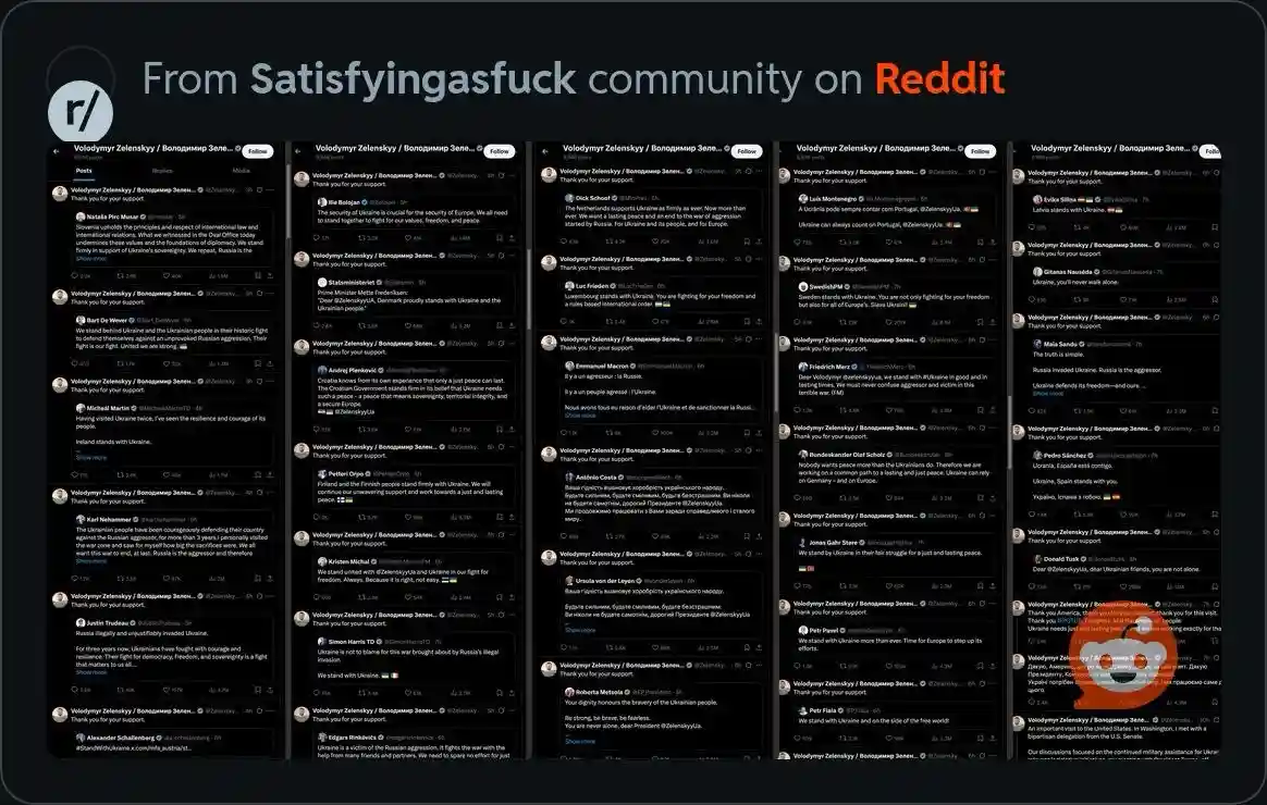 A screenshot of multiple Reddit posts from the 'Satisfyingasfuck' community, all featuring comments from users thanking…