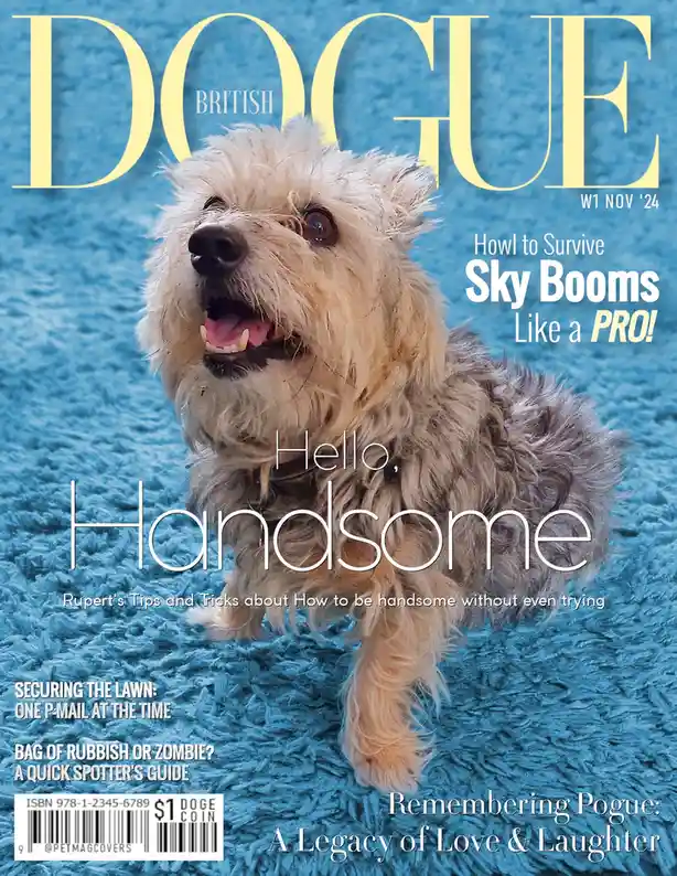 A fluffy, scruffy dog with an open mouth sits on a blue shag carpet, overlaid with text mimicking a British Vogue magazine…