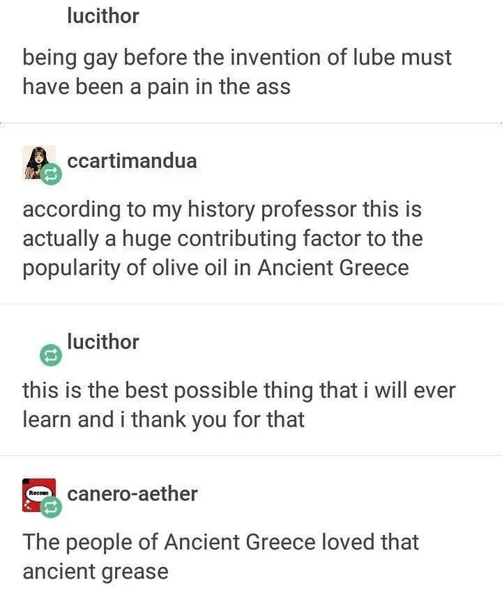 A screenshot of a Reddit thread shows a user named 'lucithor' joking that being gay before lube was a 'pain in the ass.'…