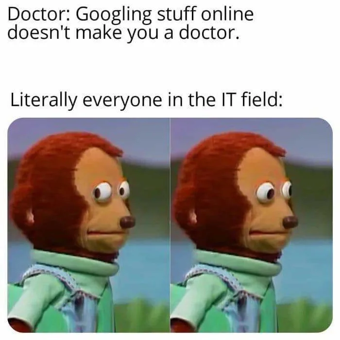 The image shows two side-by-side panels of a puppet monkey with a skeptical, unimpressed expression. The top text reads…