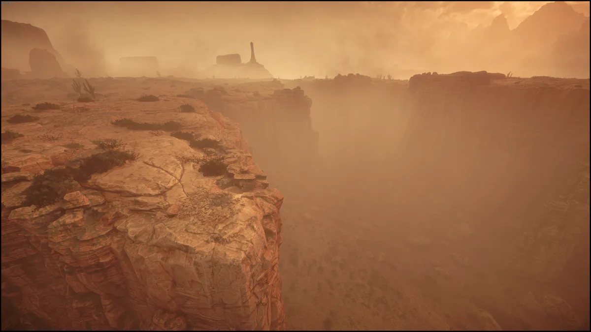 A wide, atmospheric desert canyon scene with reddish-orange rock formations, sparse cacti, and a deep chasm filled with…