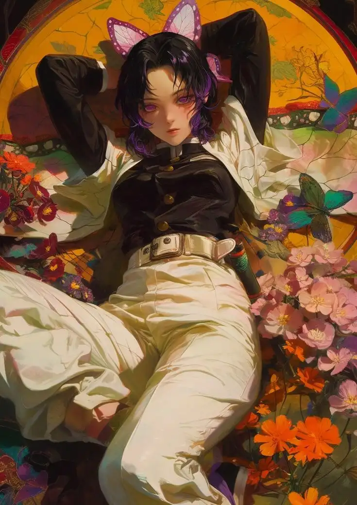 An anime-style illustration of a young woman with short black hair and purple highlights, wearing a black top and white…