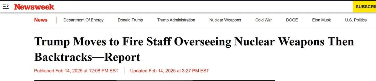 A screenshot of a Newsweek article headline reads 'Trump Moves to Fire Staff Overseeing Nuclear Weapons Then…