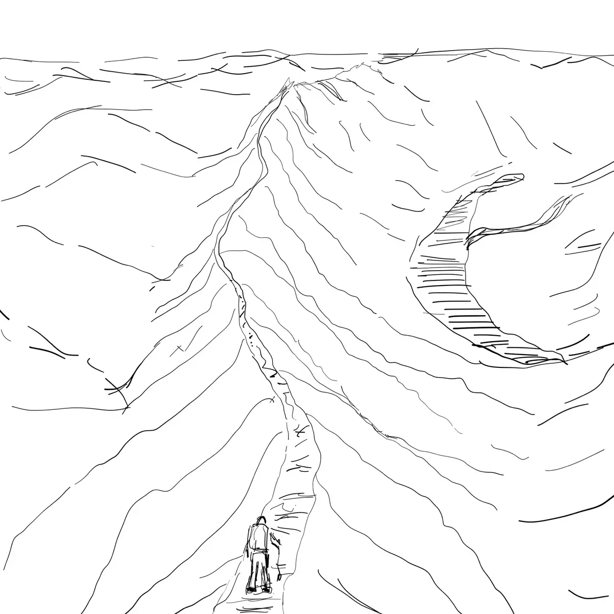 A black-and-white line drawing shows a tiny figure standing at the base of a massive, steep mountain with a winding path…