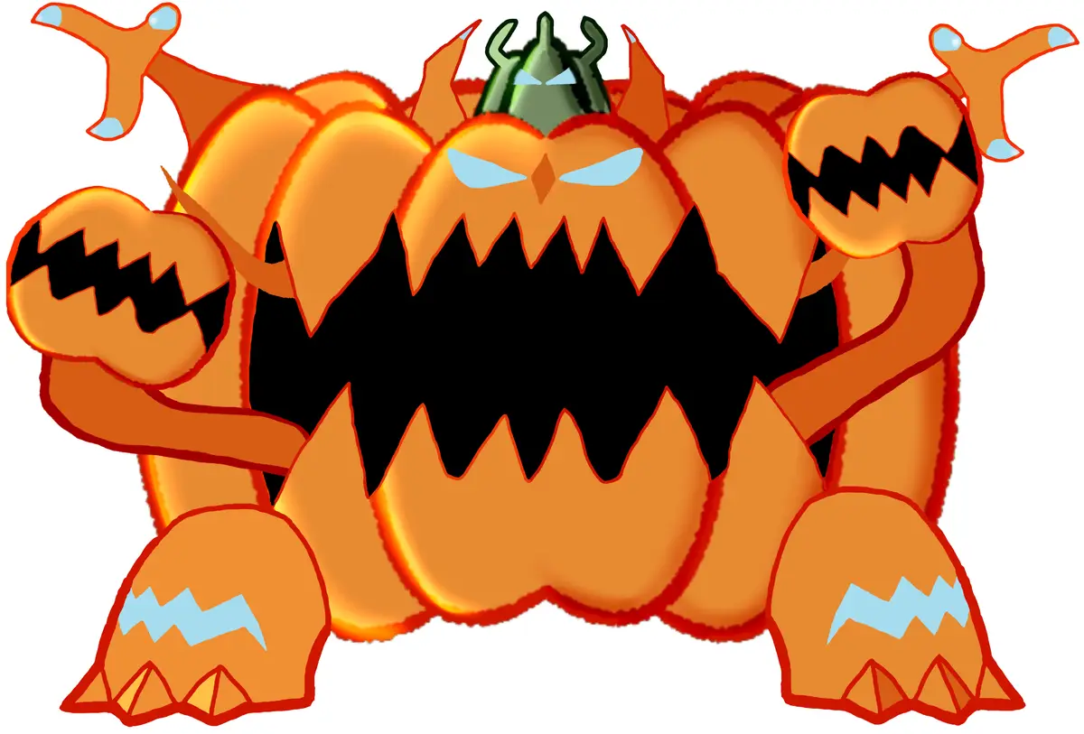 A cartoonish, monstrous creature composed entirely of orange pumpkins with jagged black mouths, glowing blue eyes, and green…