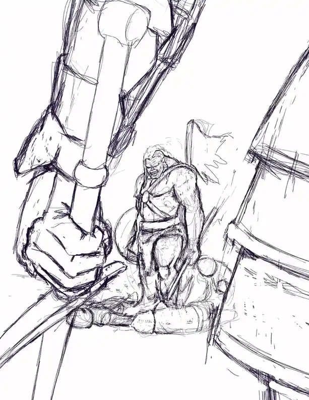 A rough black-and-white sketch depicts a muscular, menacing-looking character standing defiantly between two giant, looming…