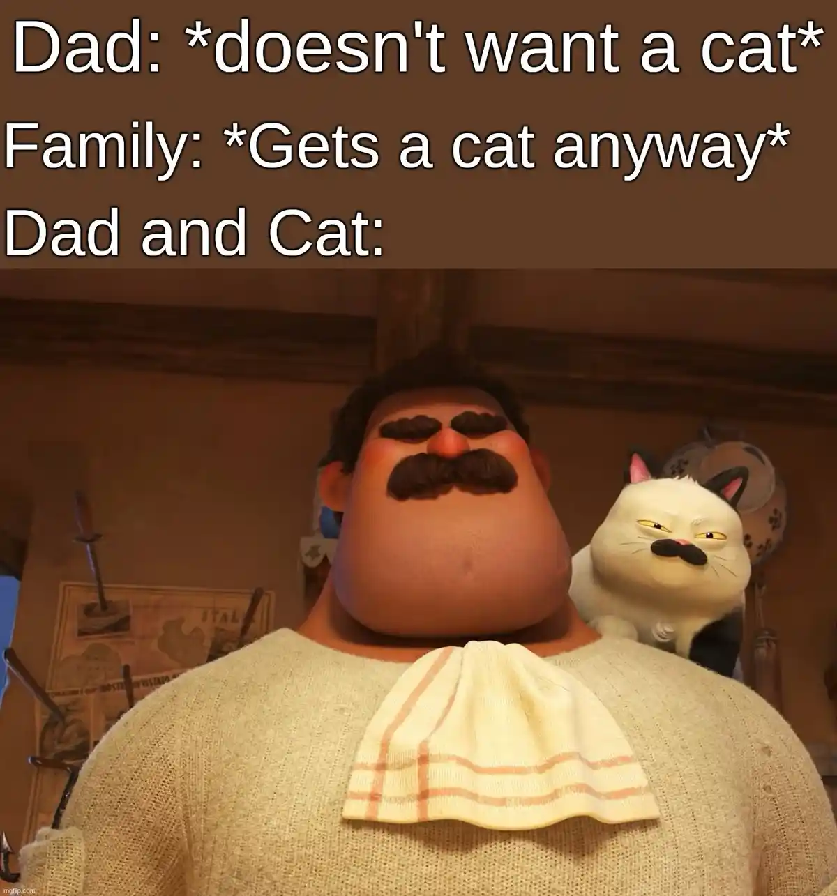 An animated image shows a large man with a thick mustache and a striped towel around his neck, looking annoyed. A white cat…