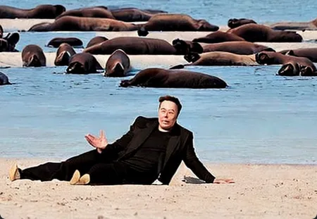 A man in a black suit and yellow shoes lies on a sandy beach, gesturing with one hand, surrounded by numerous seals resting…