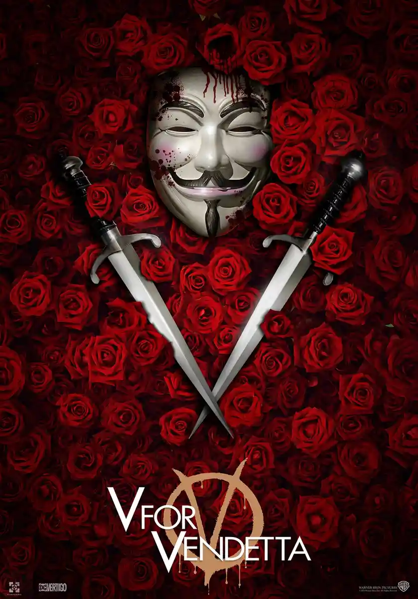 A promotional poster for the movie 'V for Vendetta' featuring a silver Guy Fawkes mask with blood splatters and drips, set…