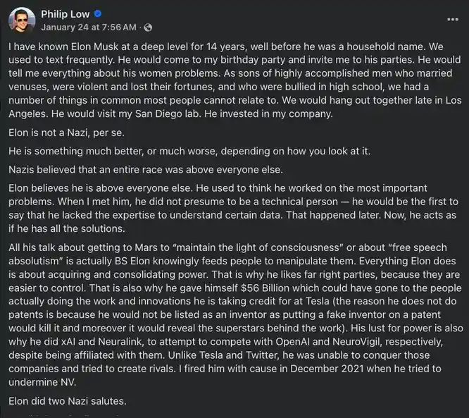 A screenshot of a Twitter post by Philip Low dated January 24, 2024, containing a long text where he claims to have known…