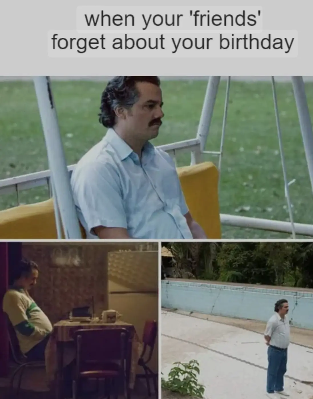 The image shows three panels of a man, identified as Pablo Escobar from the Netflix series 'Narcos', displaying escalating…