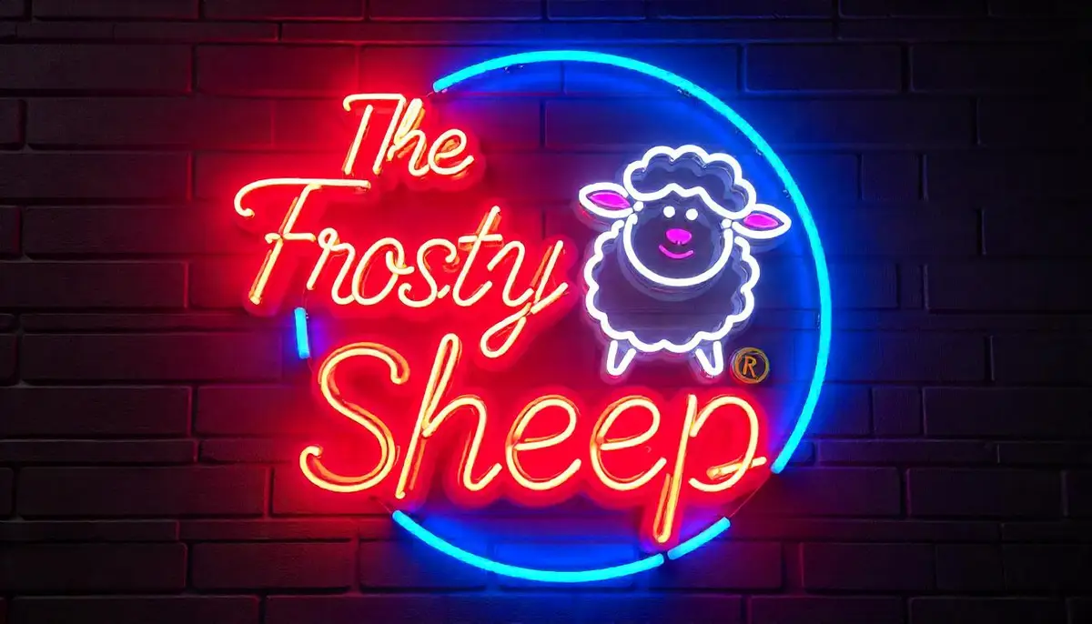A vibrant neon sign mounted on a dark brick wall features the text 'The Frosty Sheep' in glowing red cursive lettering…