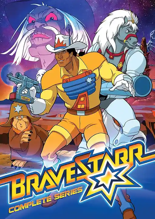 A promotional poster for the animated series 'BraveStarr' shows the titular hero in a yellow outfit and cowboy hat, holding…