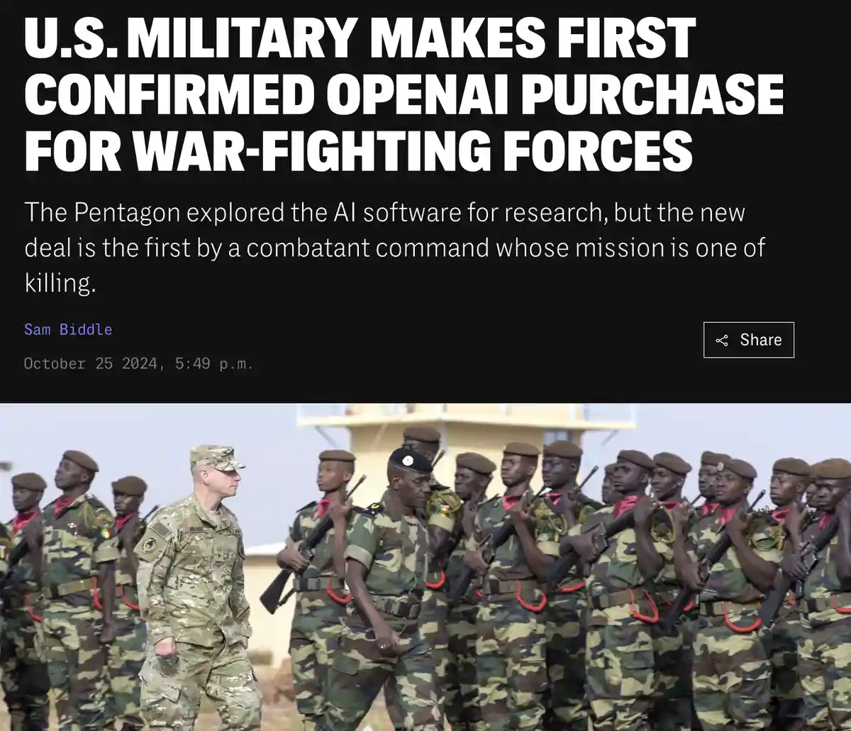 The image displays a news article headline about the U.S. military purchasing OpenAI software for combat units, overlaid on…
