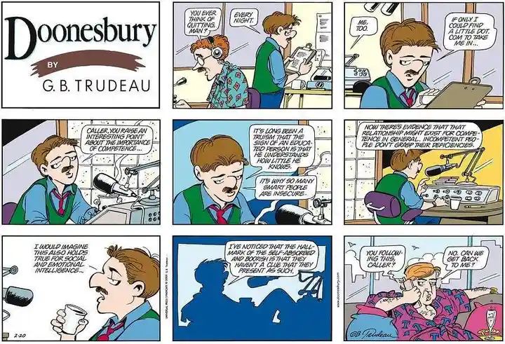 A comic strip from 'Doonesbury' by G.B. Trudeau shows a radio host discussing how educated people understand their own…
