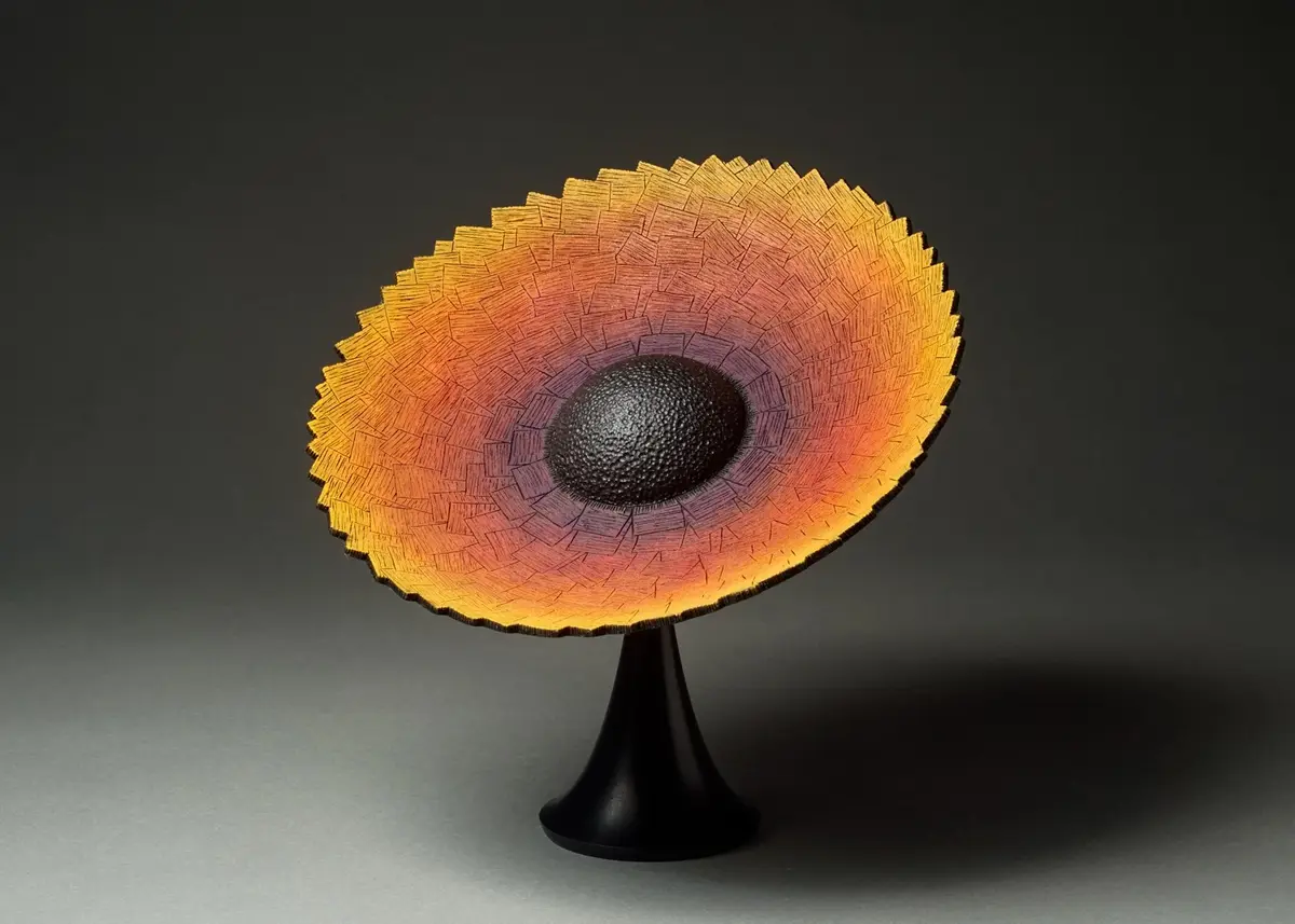 a close-up photograph of a sculptural art piece resembling a sunflower, featuring a textured black center and radiating…