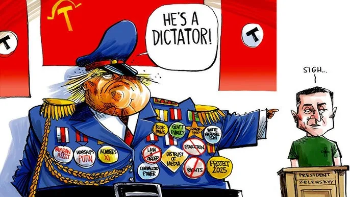 A cartoon depicts a caricature of Vladimir Putin in a blue military uniform covered in political buttons, pointing…
