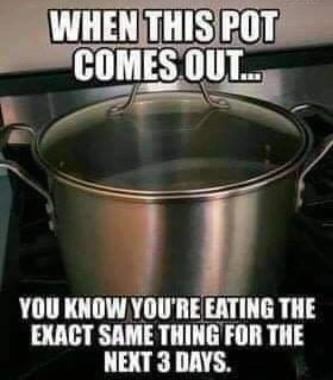 A stainless steel pot with a glass lid sits on a stovetop, with bold white text overlaid. The top text reads 'WHEN THIS POT…