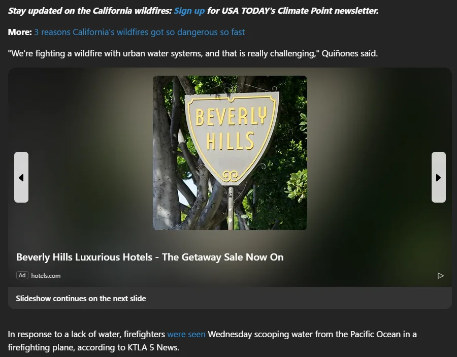 An image of a classic Beverly Hills sign surrounded by trees, overlaid with a quote from a news article about firefighters…