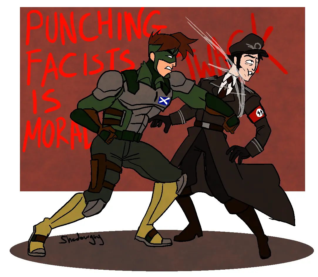 A cartoon drawing shows a green-clad hero with a Scottish flag pin punching a dark-clad fascist figure wearing a swastika…