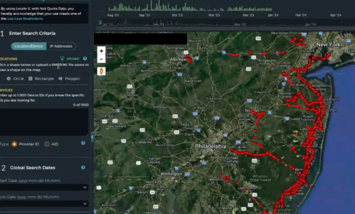 A screenshot of a location tracking software interface shows a map of the northeastern United States with a dense, chaotic…